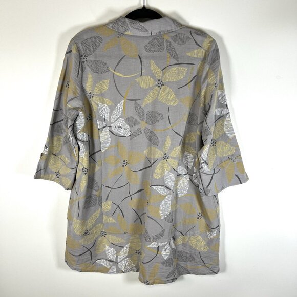 Habitat Top Womens M Gray Yellow Floral Toggle Buttons Tunic Gauzy Lagenlook - Picture 7 of 9